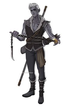 the image showcases a character concept for a dungeons & dragonsesque fantasy setting. the male character, likely a drow or dark elf, stands poised, brandishing a chain weapon in his right hand and a fiery magical effect in his left. his attire suggests a warrior or fighter class, while the magical effect hints at spellcasting abilities. the art style is linework with flat coloring, set against a plain white background. the character's design features elements of classic fantasy, such as the pointed ears, intricate clothing details, and combination of weaponry.