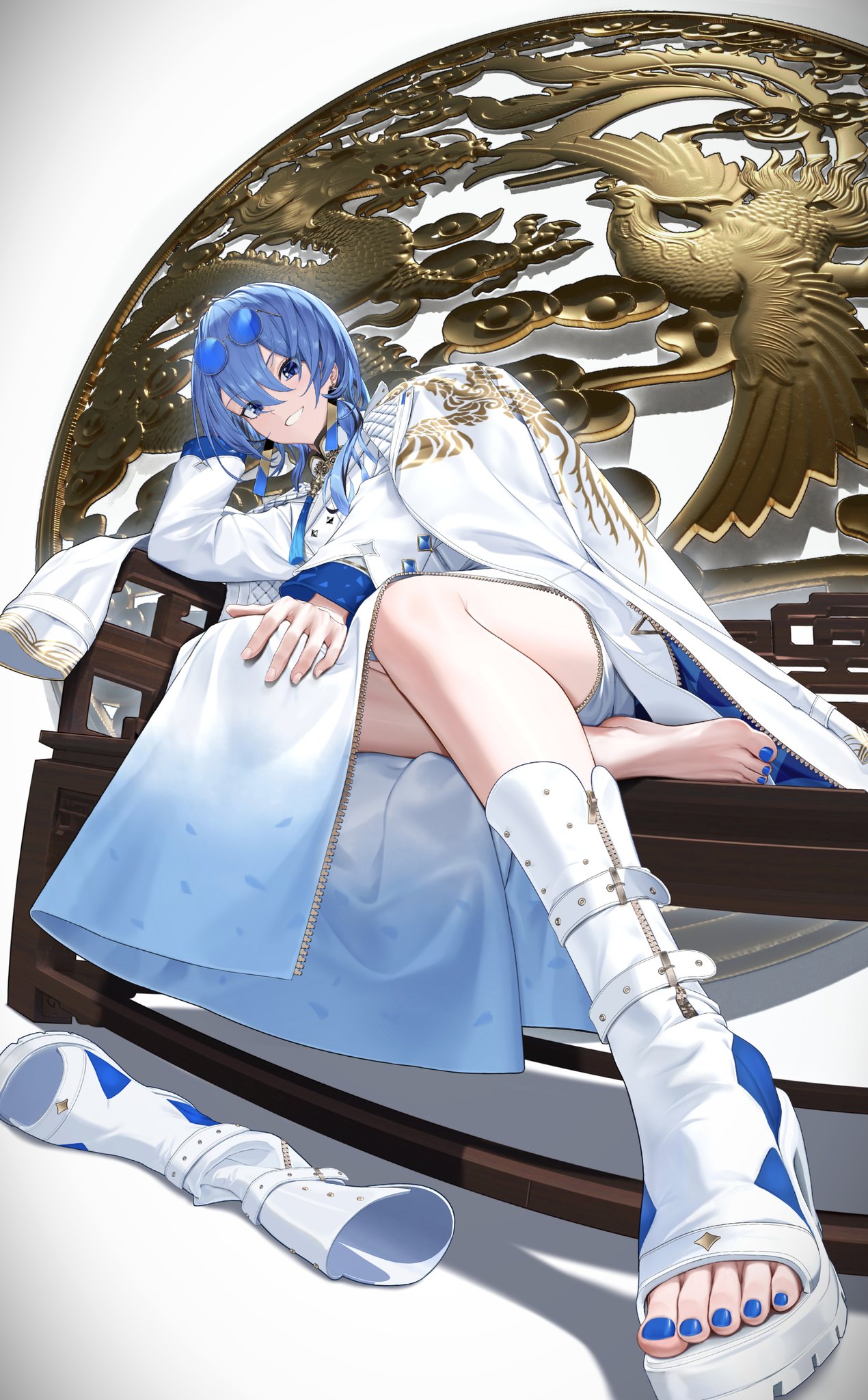 a bluehaired anime woman, dressed in a white and blue chineseinspired outfit, sits gracefully on a dark wooden bench. her long legs are crossed, showcasing stylish white platform heels. the background features an ornate golden circular design with a bird motif, adding a touch of elegance to the composition. the studio lighting highlights the woman's delicate features and the intricate details of her clothing, while the low camera angle emphasizes her confident pose.