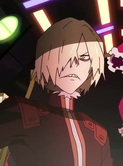 a close up shot of a female anime character with white hair. the character's expression is angry, with her mouth open and her eyes wide. the character is wearing a red jacket with a white collar.  the background of the image is blurry and out of focus.