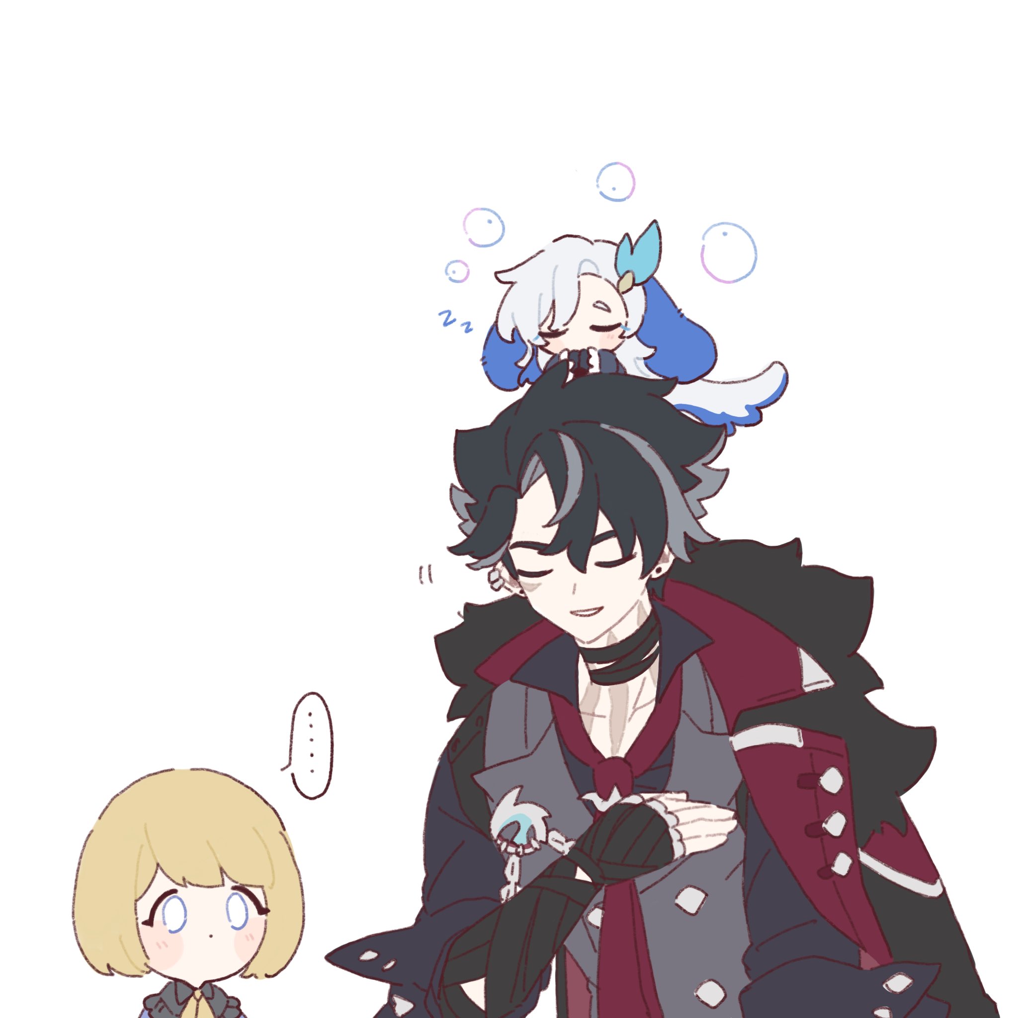 the image is a piece of fanart depicting characters from the game genshin impact.  the central figure is a chibistyle scaramouche, wearing his signature outfit.  on his head sits a sleeping chibi raiden shogun, surrounded by small bubbles suggesting sleepiness.  a small chibi kokomi is standing at the lower left, looking at scaramouche. the overall style is soft, cute, and slightly comedic due to the size differences and the sleeping shogun. the art is digitally rendered with pastel colors and simple lines. it suggests a close relationship or a lighthearted fanmade scene between the characters.