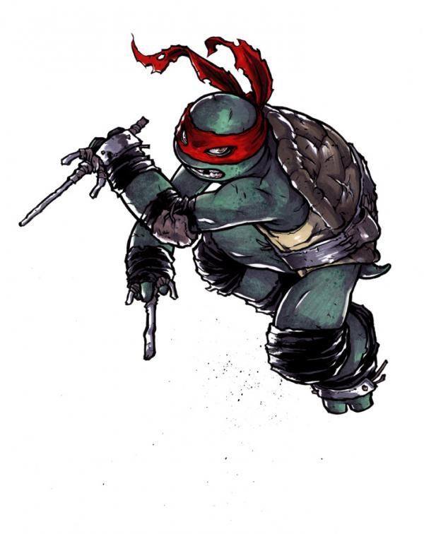 a comic book illustration of a ninja turtle, leonardo. he is drawn in a dynamic pose, leaping forward with his sais at the ready. he is wearing his signature red mask and black bandana. he is a green turtle with a shell on his back and appears to be midair. this is a welldone piece of graphic art in an anime style.