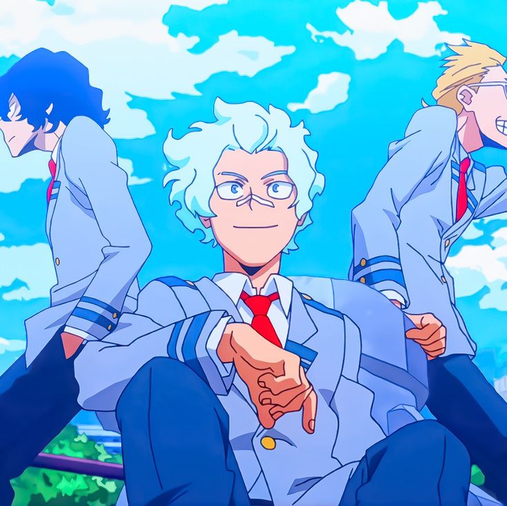the image shows three anime boys in school uniforms standing against a blue and white cloudy sky. one boy is sitting on a bench with his arms crossed while smiling, while the other two are standing beside him, one of them is smiling and the other one is looking away. all of them are wearing similar white and blue uniforms with a red tie. the boy who is sitting has white hair, while the other two boys have black hair.