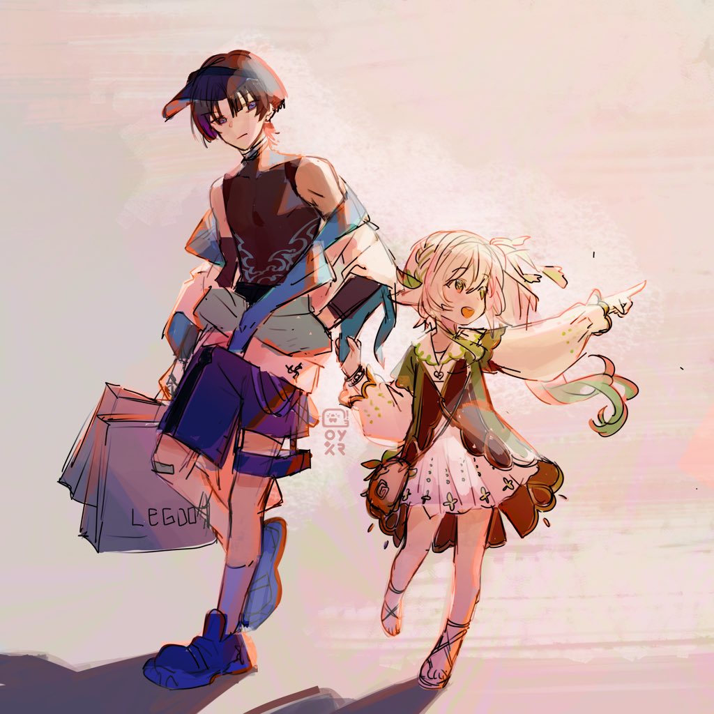 an anime style illustration of a girl and boy, both dressed in casual, colorful clothing, are shopping together. the boy is carrying a large shopping bag and the girl is pointing to something offscreen. the girl is smiling and the boy has a neutral expression.  they appear to be enjoying their outing and have a positive energy about them.