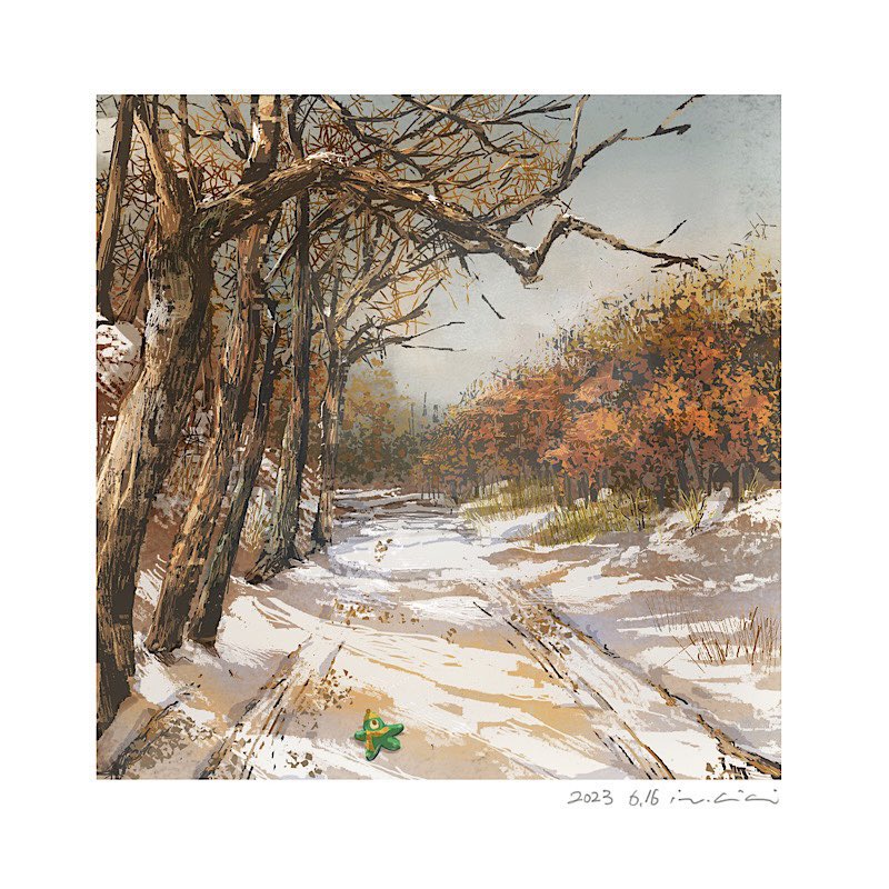 the image is a painting of a snowy path through a forest. the path is covered in tire tracks and footprints. there is a small green object in the middle of the path. the trees on either side of the path are bare, and the ground is covered in snow. the sky is a light blue. the painting is signed and dated in the lower right corner.