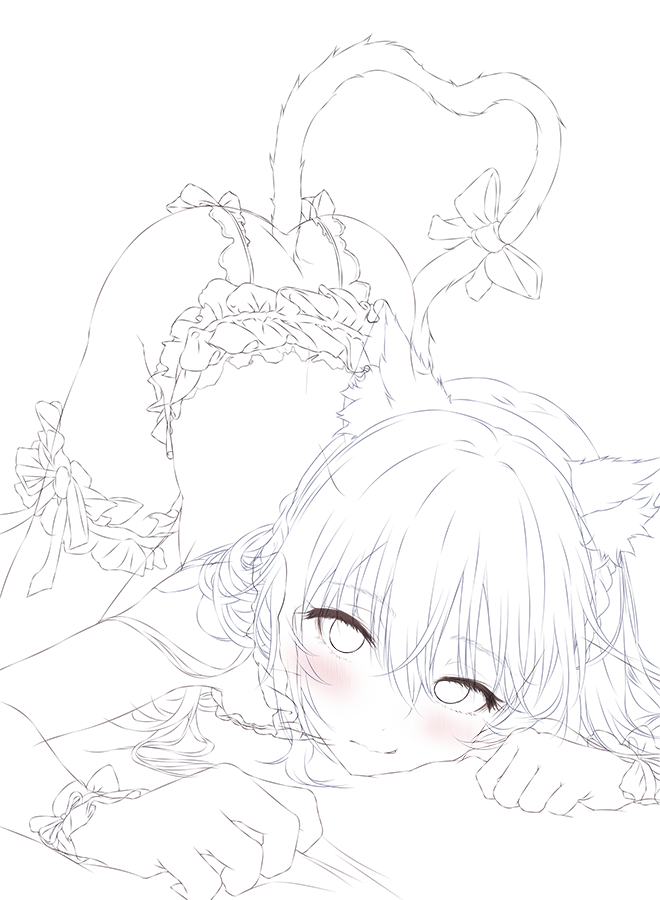 a line art drawing of an anime girl with cat ears and a cat tail. she is wearing lingerie and is in a cute and slightly suggestive pose. the drawing is very detailed and shows the artist's skill in capturing delicate features and expressions. the overall style is kawaii and romantic.