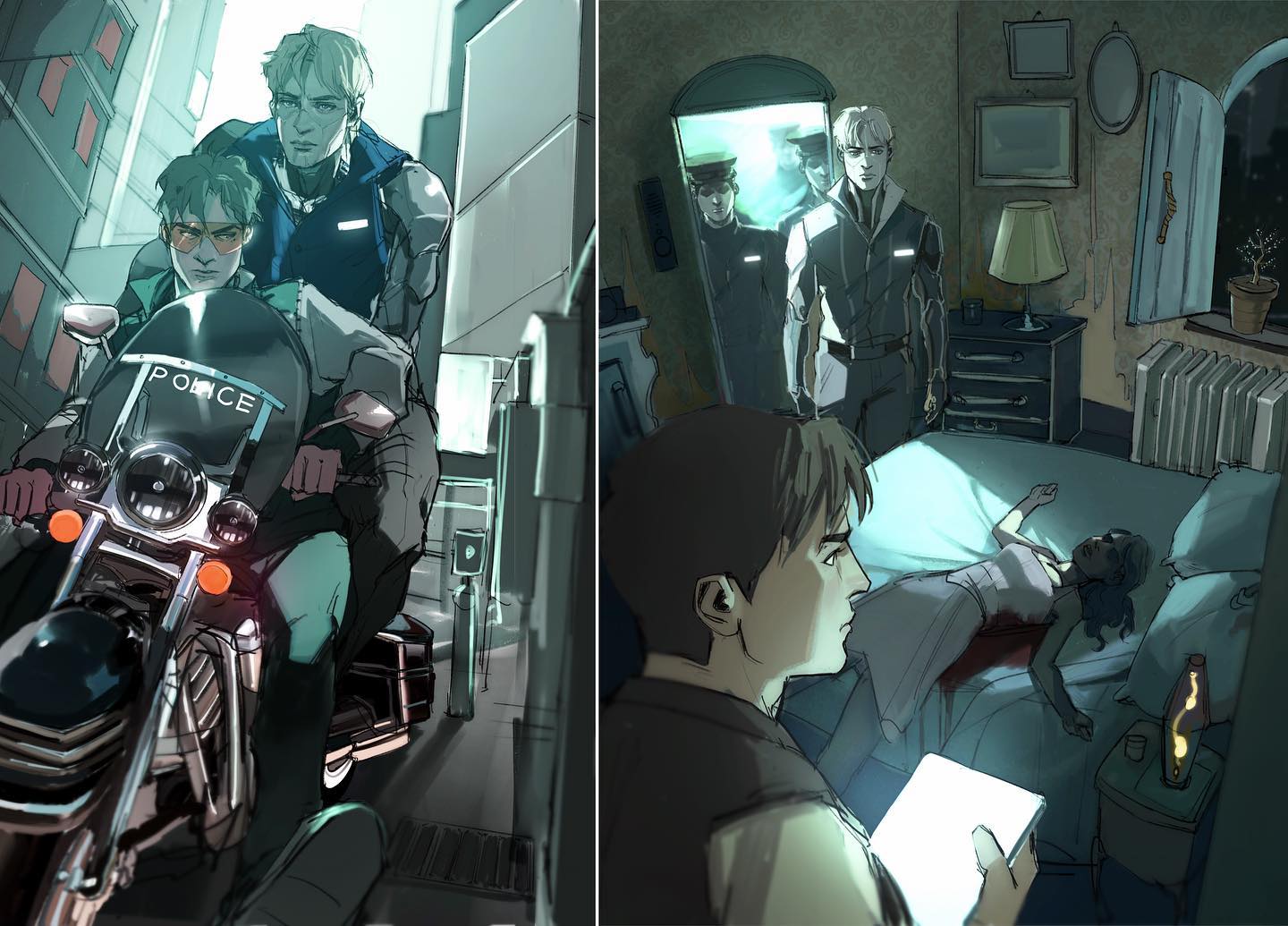 he image is a splitpanel illustration depicting two distinct scenes. on the left, two characters are on a police motorcycle in a city alleyway. one is wearing a police uniform and driving the motorcycle, while the other appears to be a suspect, possibly being transported. on the right, another scene unfolds in a dimly lit apartment where a female victim lies dead on a bed. a male detective is investigating, possibly examining evidence. the stylistic choices are reminiscent of cyberpunk art with futuristic elements and muted color tones.
