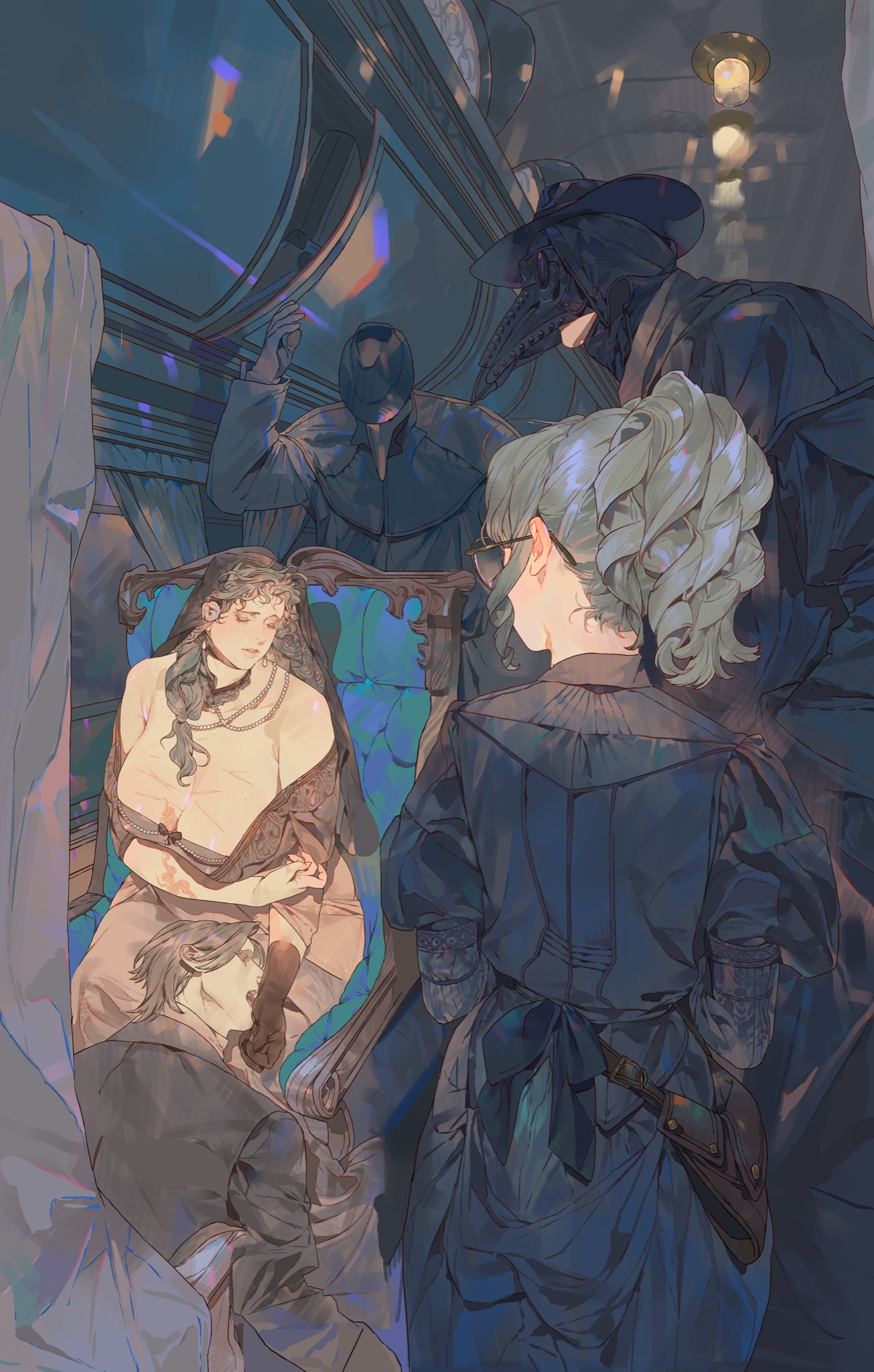 the image is an illustration, likely a digital artwork, depicting a scene inside a train car. a woman wearing a veil and jewelry is sitting in a chair, seemingly asleep or unconscious. a man is lying on the floor at her feet, possibly also unconscious. standing over them is another woman with glasses and curly hair, wearing a dark victorianera dress with a knife strapped to her waist. behind her are two ominous figures wearing masks, one a plague doctor mask and the other a plain black mask, both wearing dark attire. the overall atmosphere is suspenseful and mysterious, with dramatic lighting and shadows. the style suggests a dark fantasy or steampunk setting inspired by the victorian era. the train car interior appears ornate with detailed windows and ceiling fixtures.