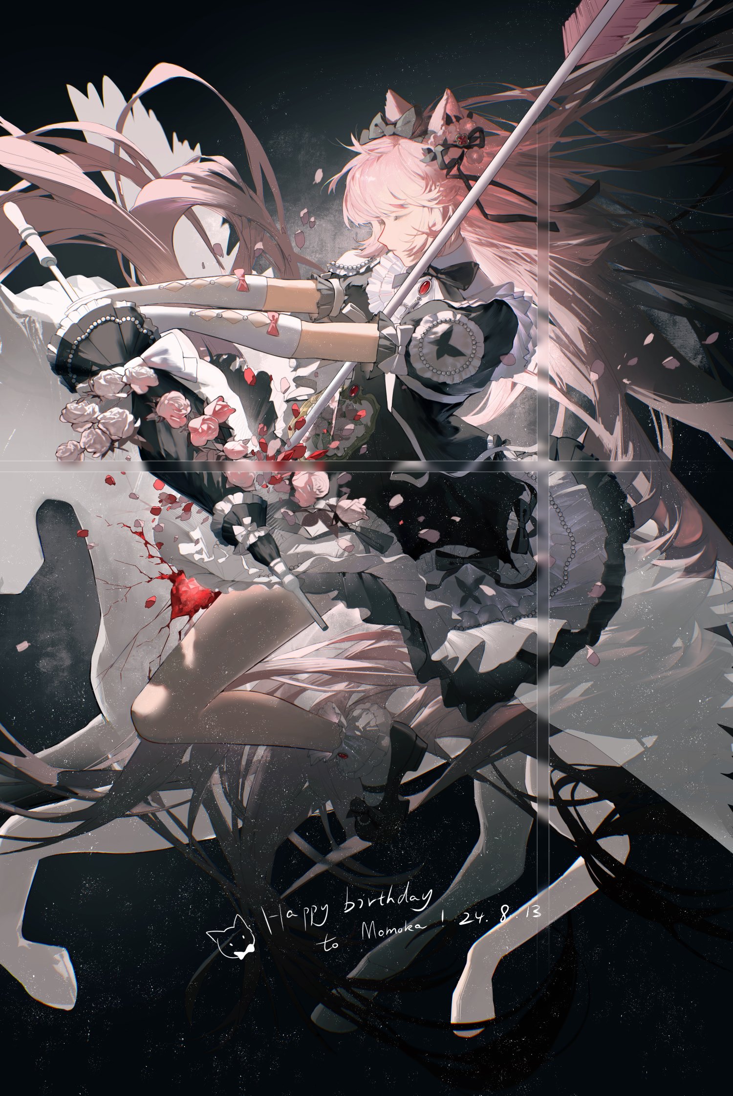 the image is a digital illustration of an anime girl with long pink hair and cat ears. she is wearing a black and white maid outfit and is riding a carousel horse.  blood and roses are scattered around her, and the overall atmosphere is dark and fantastical. a birthday message for "momoka" is written in the lower portion. the style is painterly and evocative, with a focus on atmospheric details and emotional impact.