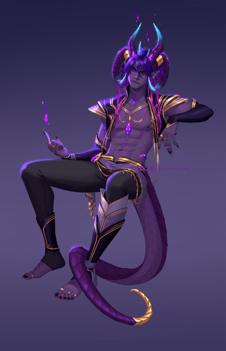 a digital illustration of a male demon with long purple hair and horns, sitting with his tail curled around his legs. he is wearing a purple and gold outfit, adorned with jewels.  he has a relaxed, confident posture and seems to be enjoying himself. he is in a darkened, mysterious setting.