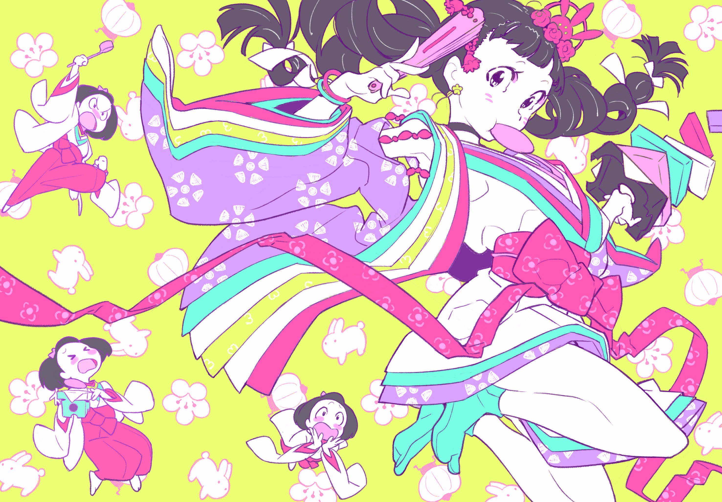 a cartoon drawing of a japanese girl in a colorful kimono celebrating hinamatsuri, a japanese girl's festival. she is surrounded by cherry blossoms, fans,  and miniature versions of herself. the overall feel of the image is joyful, vibrant, and celebratory.