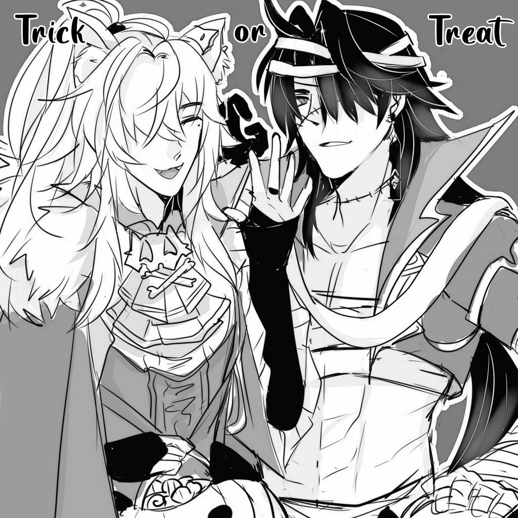 a black and white illustration of a girl and a boy dressed in anime costumes. the girl is dressed as a cat, and the boy is dressed as a vampire. they are holding a pumpkin and candy, and the text "trick or treat" is written in the background.