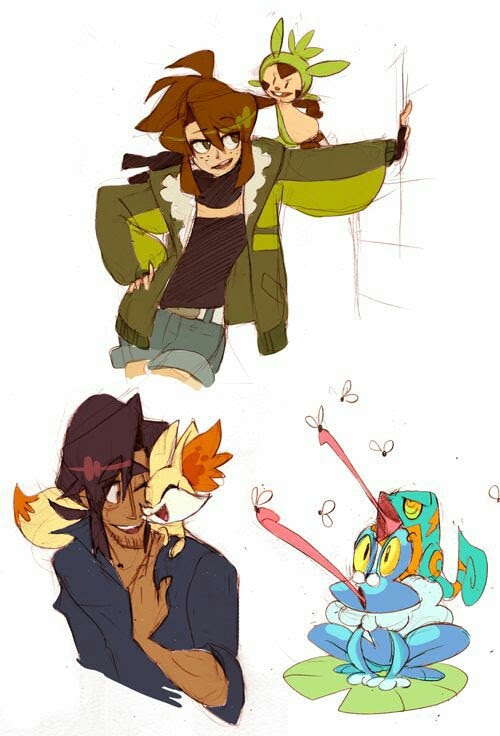the image shows four cartoon drawings: a female trainer with a pokemon in the upper left corner, a male trainer with a pokemon in the lower left corner, and two pokemons in the lower right corner. all the characters look friendly and cartoonish.