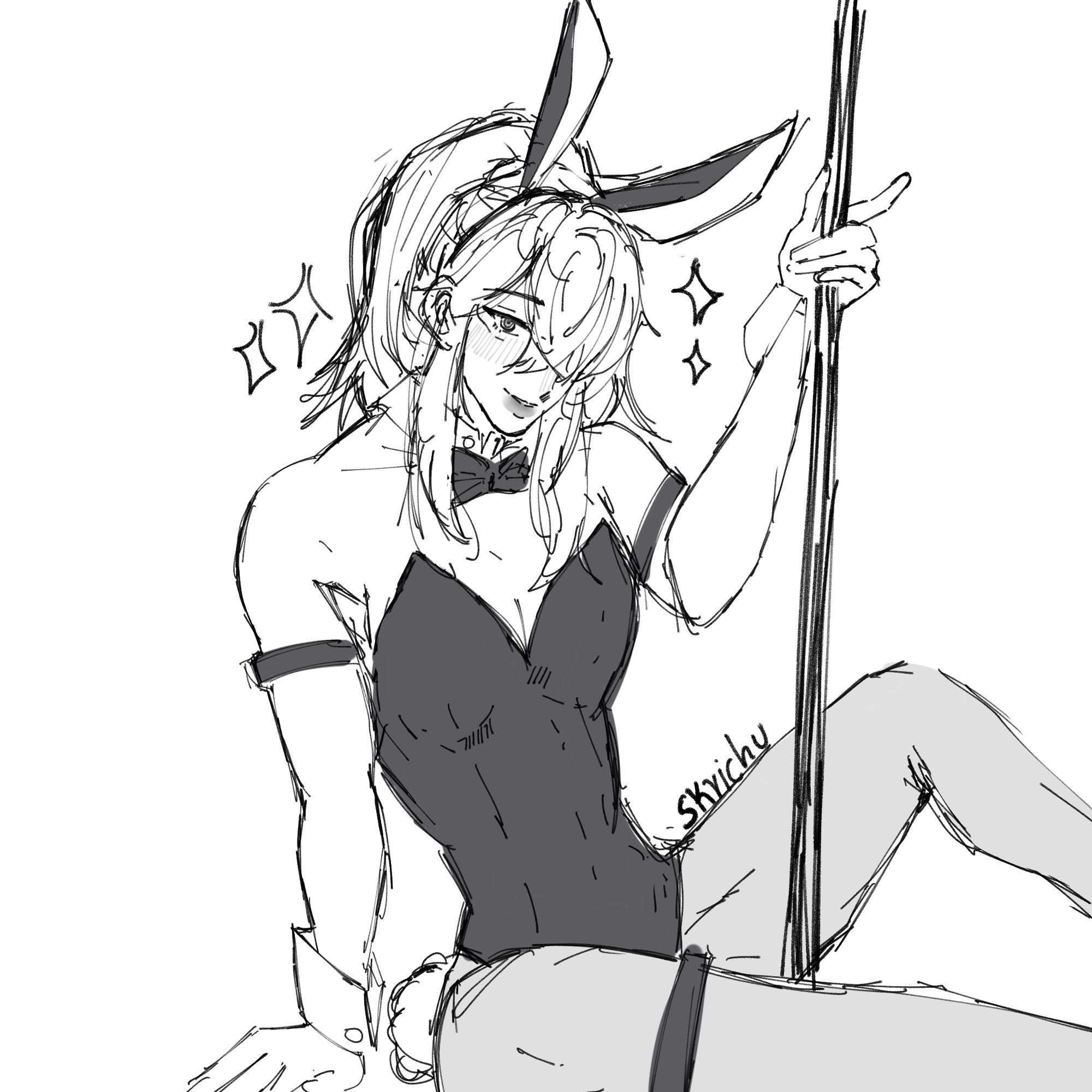a black and white sketch of an anime girl in a bunny costume. she is wearing a black bunny suit with a white bow tie, and a pair of bunny ears on her head. the girl has long hair and is shown from the waist up. she is sitting on a pole and is looking towards the right side of the image.