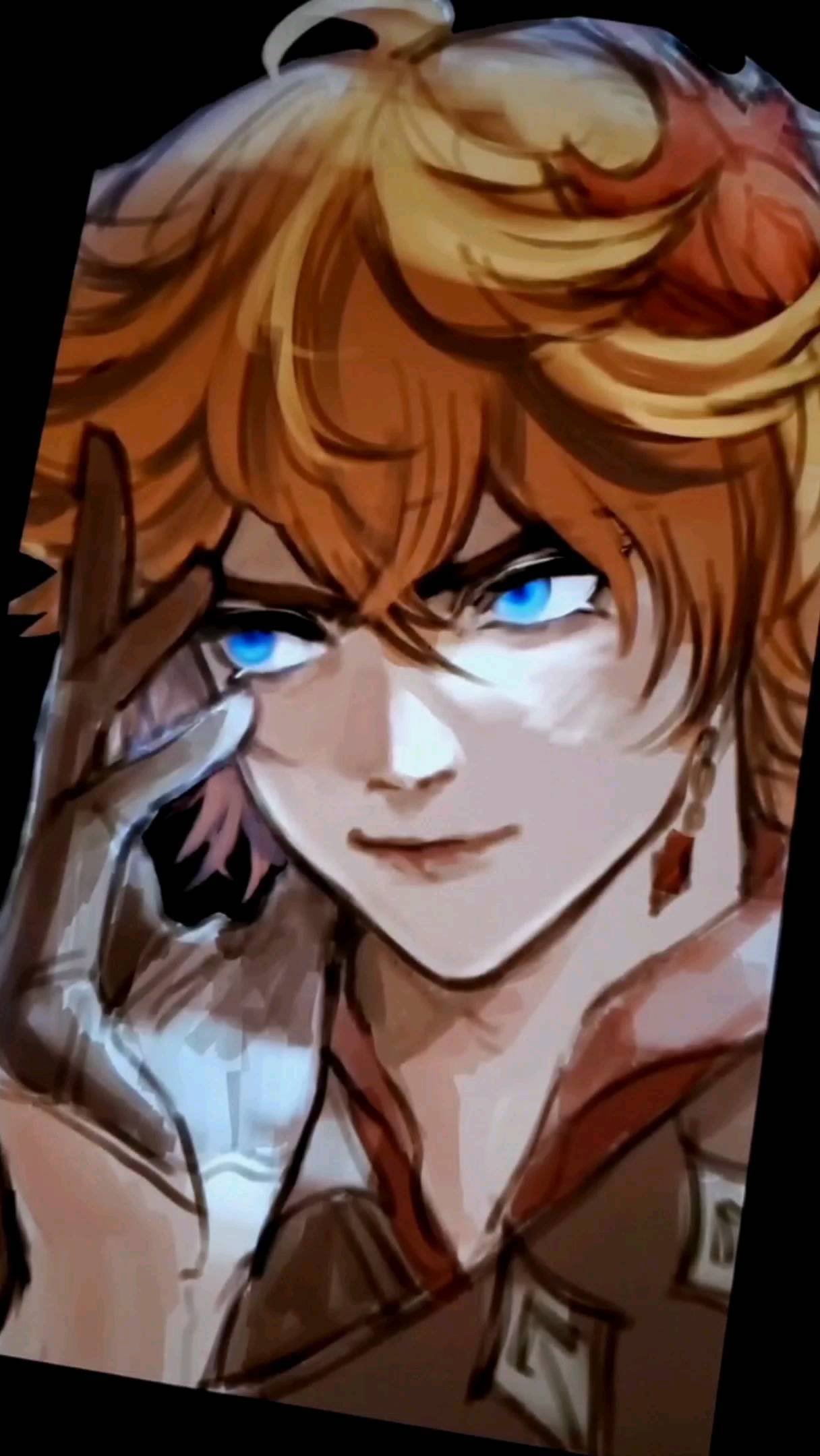 the image is a closeup digital fanart depicting a male anime character. he has vibrant orange hair styled somewhat messily, striking blue eyes, and a subtle smirk hinting at confidence. his skin tone is light to medium tan. he's wearing a reddishbrown collared shirt or tunic with visible detailing.  the character's right hand is up near his face, perhaps in a thoughtful or selfassured gesture. the art style is stylized with soft shading and attention to detail in hair and clothing.  the background is dark and indistinct, focusing attention on the character. the overall mood is one of intrigue and a bit of mystery.
