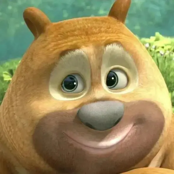 a closeup of a 3d animated bear character with brown fur, large blue eyes, and a cheerful expression.  the background is blurred and suggests a natural environment.
