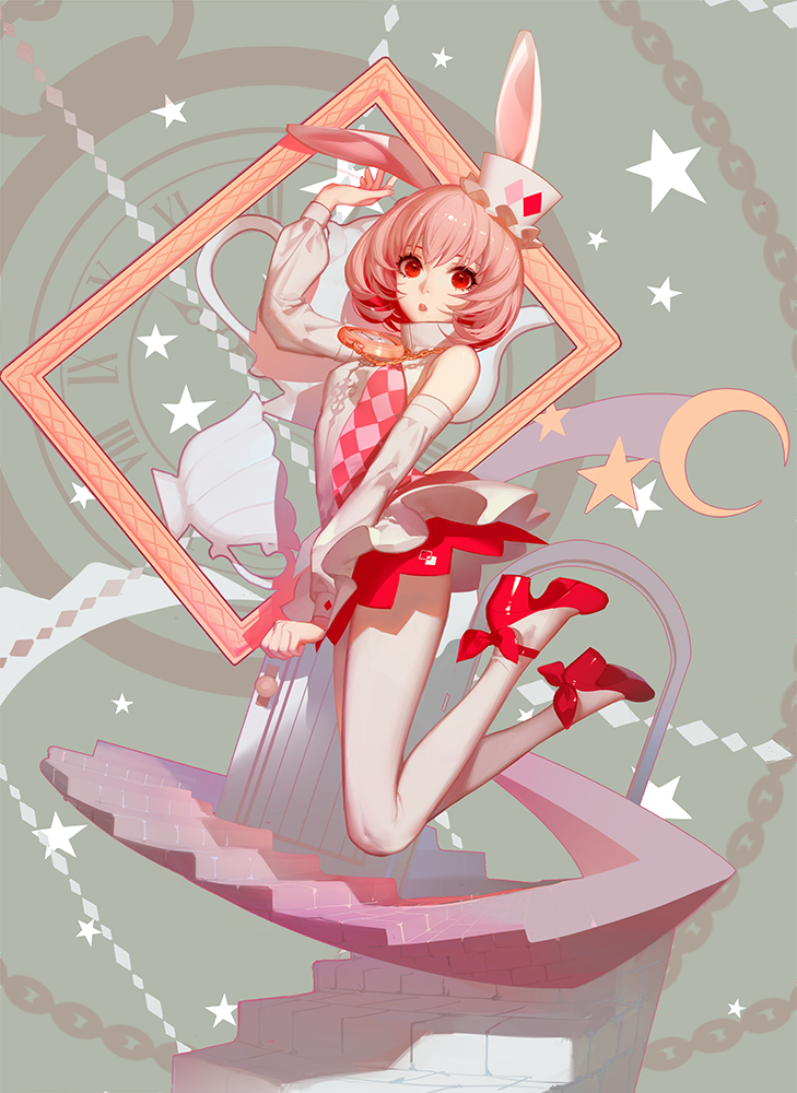 this is a digital illustration of an anime girl with rabbit ears and a hat. she is wearing a white dress with red and black checkerboard pattern and red shoes. she is jumping in the air, holding a frame that has a teapot and cup inside, against a background of stars, a moon, and a clock. the girl is smiling and looks happy. the style of the art is cute and magical.
