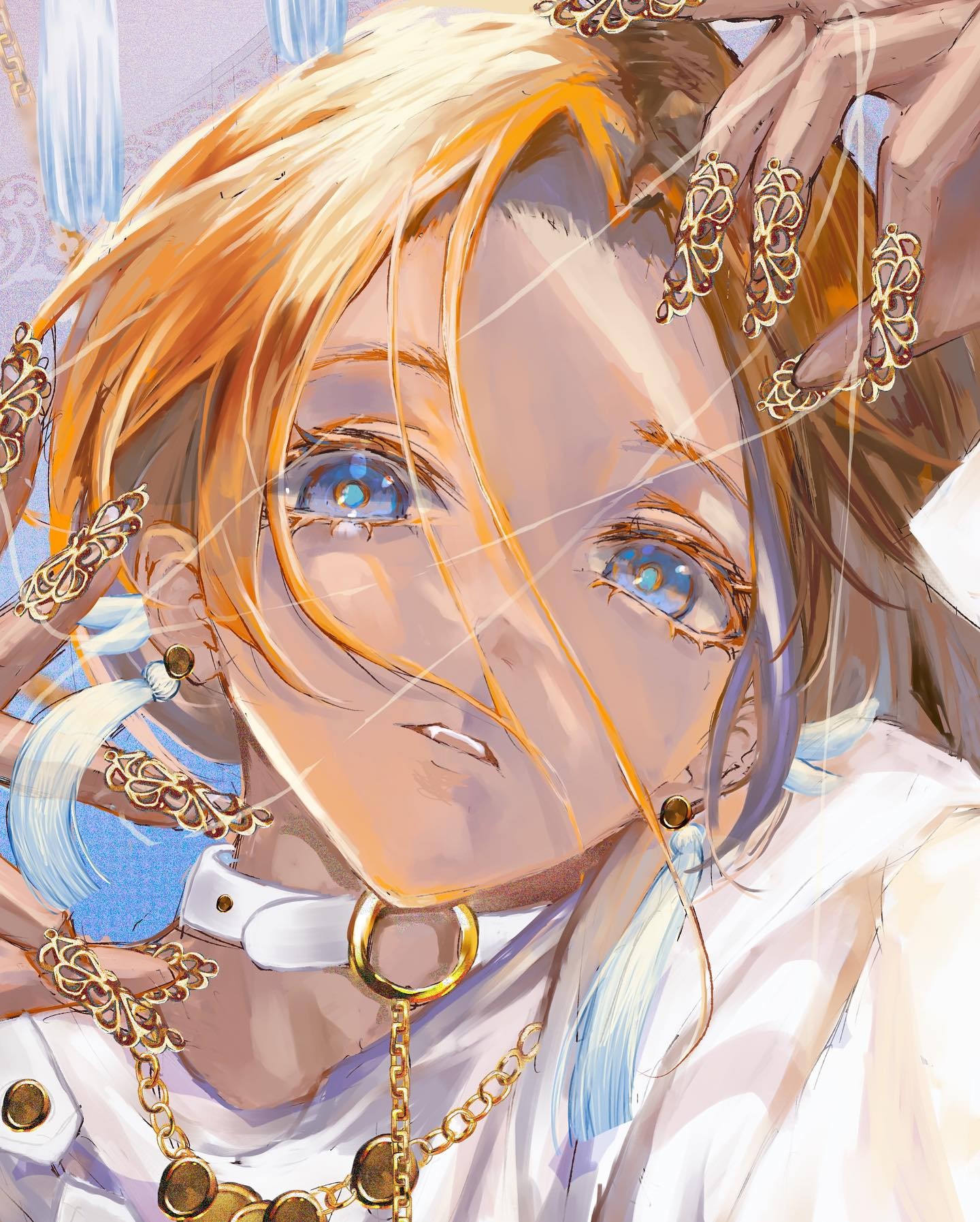 the image is a closeup digital painting or illustration of a young animestyle woman with long, flowing blonde hair and striking blue eyes. she is adorned with elaborate gold jewelry, including numerous rings on her fingers, ornate earrings with flowing tassels, and a gold chain choker necklace. her clothing is primarily white, with a loose, flowing style that accentuates the elegance of her jewelry. the overall style is fantastical and ethereal, with soft lighting and a focus on the details of her face and accessories. the artist's style is detailed and expressive, creating a sense of movement and beauty in the artwork.  the background is softly blurred, drawing attention to the central figure. the expression on her face is calm and almost serene.