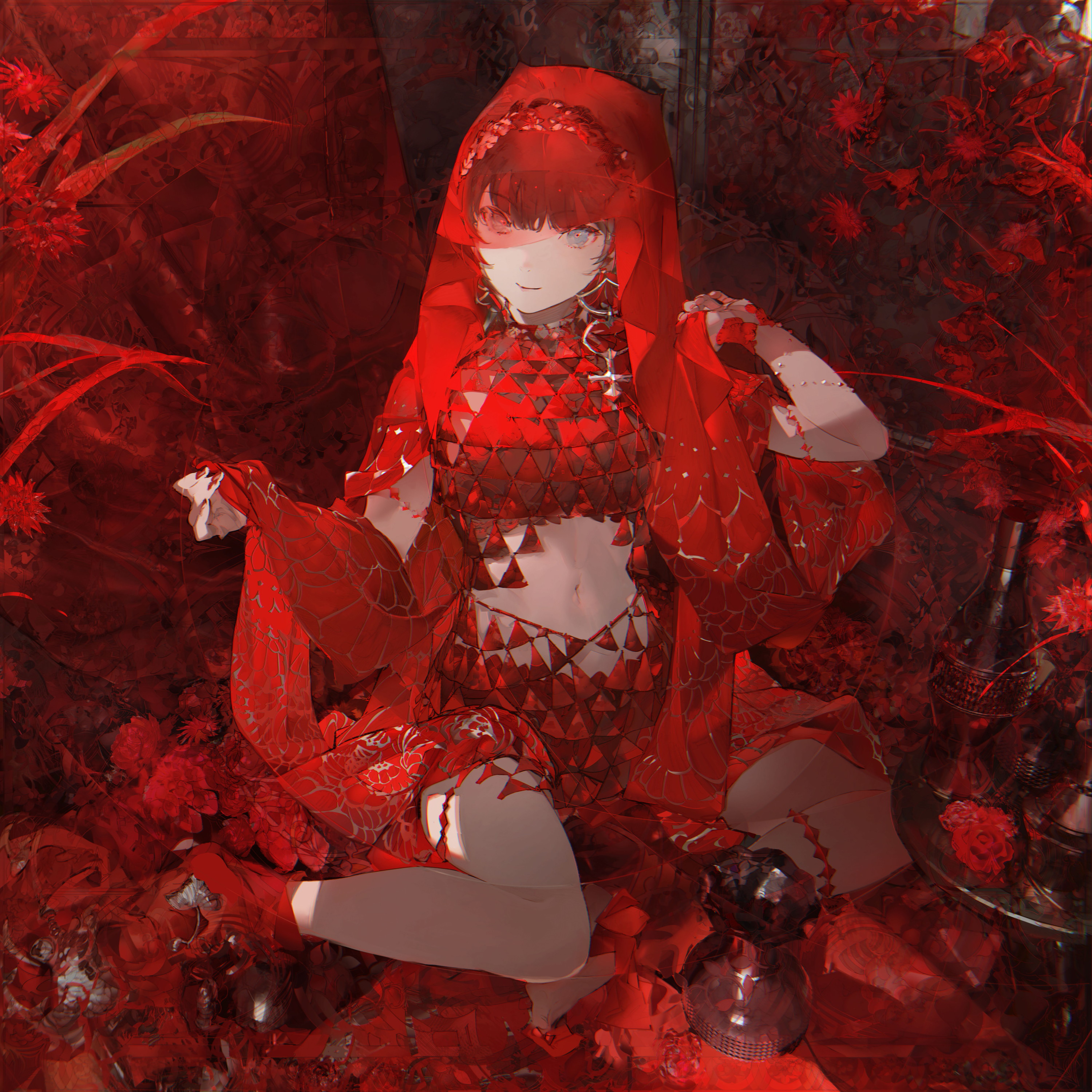 the image is a digital painting or illustration depicting an animestyle female character. she is seated amidst a profusion of red flowers and what appears to be dark, ornate furnishings. the character is dressed in an elaborate, crimsoncolored outfit that includes a hooded robe, a jeweled top and bottom, and numerous decorative elements. the overall aesthetic is dark, rich, and suggestive of fantasy or mystical themes. the art style is highly detailed, with attention paid to the texture of the clothing, the character's features, and the surrounding environment. the color palette is almost exclusively red, creating a dramatic and intense mood. the character's expression is subtle and somewhat mysterious.