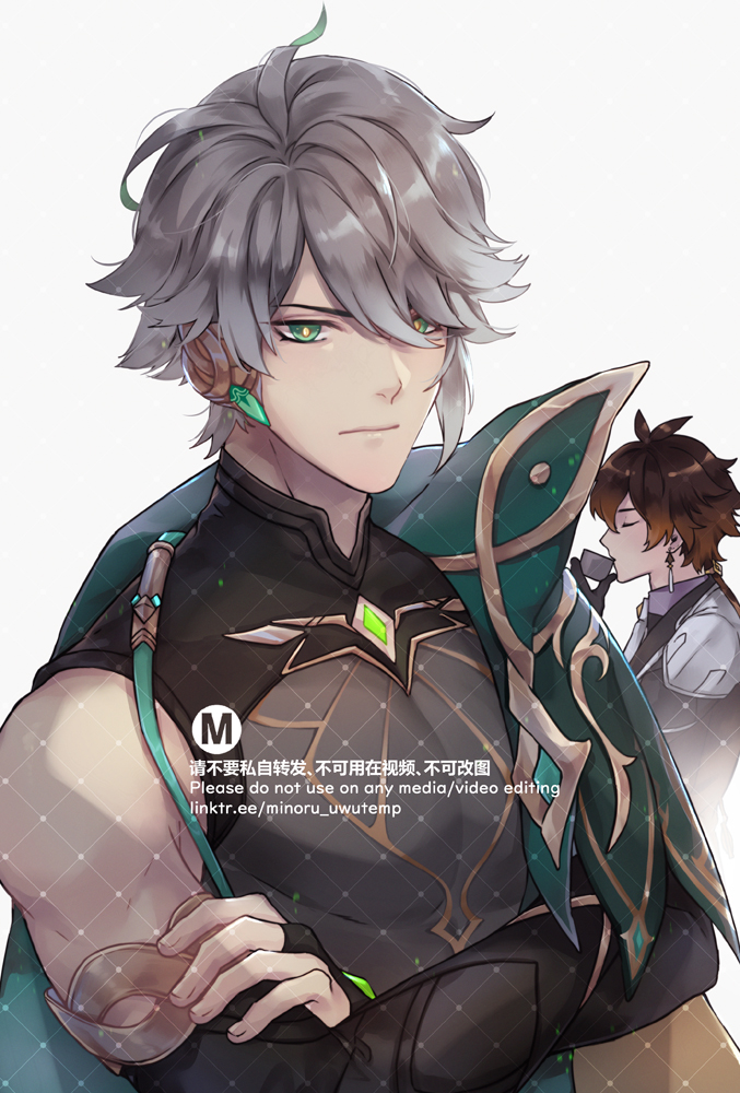 a digital art illustration of two male characters from the video game genshin impact. the character on the left is albedo, he is depicted as a young man with silver hair and green eyes, wearing a black and gold suit with a green jacket. he is holding his hand near his face, almost like he's thinking.  the character on the right is xiao, a young man with brown hair and eyes, and wearing a white shirt with a black jacket. he is holding a cup in his right hand. there is a background of white with a faint grid pattern.