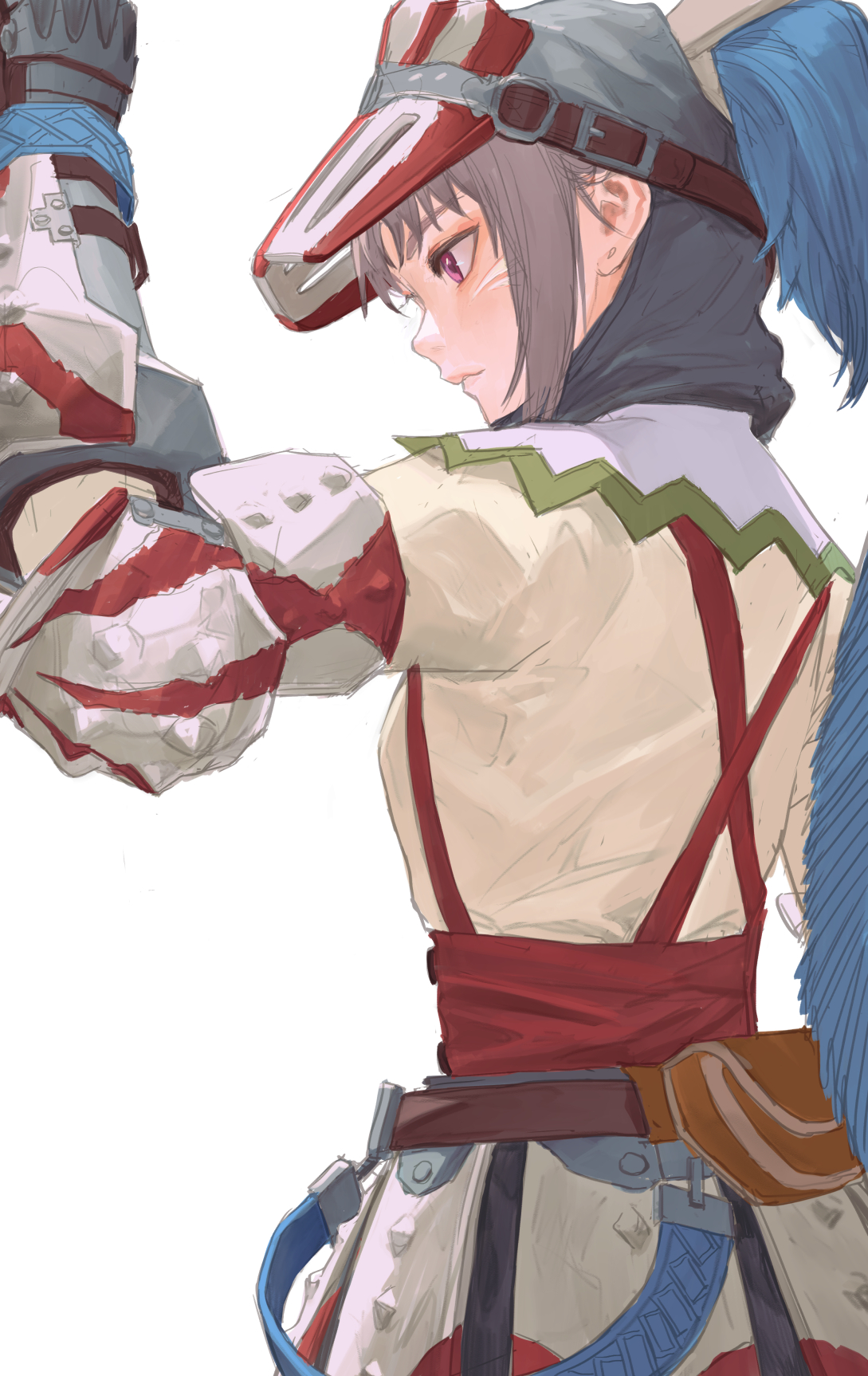 a stylized animestyle image of a female character in fantasy armor, depicted in a side view. the armor features a distinctive red and white color scheme. she wears a helmet and has purple eyes. her expression appears confident and determined.