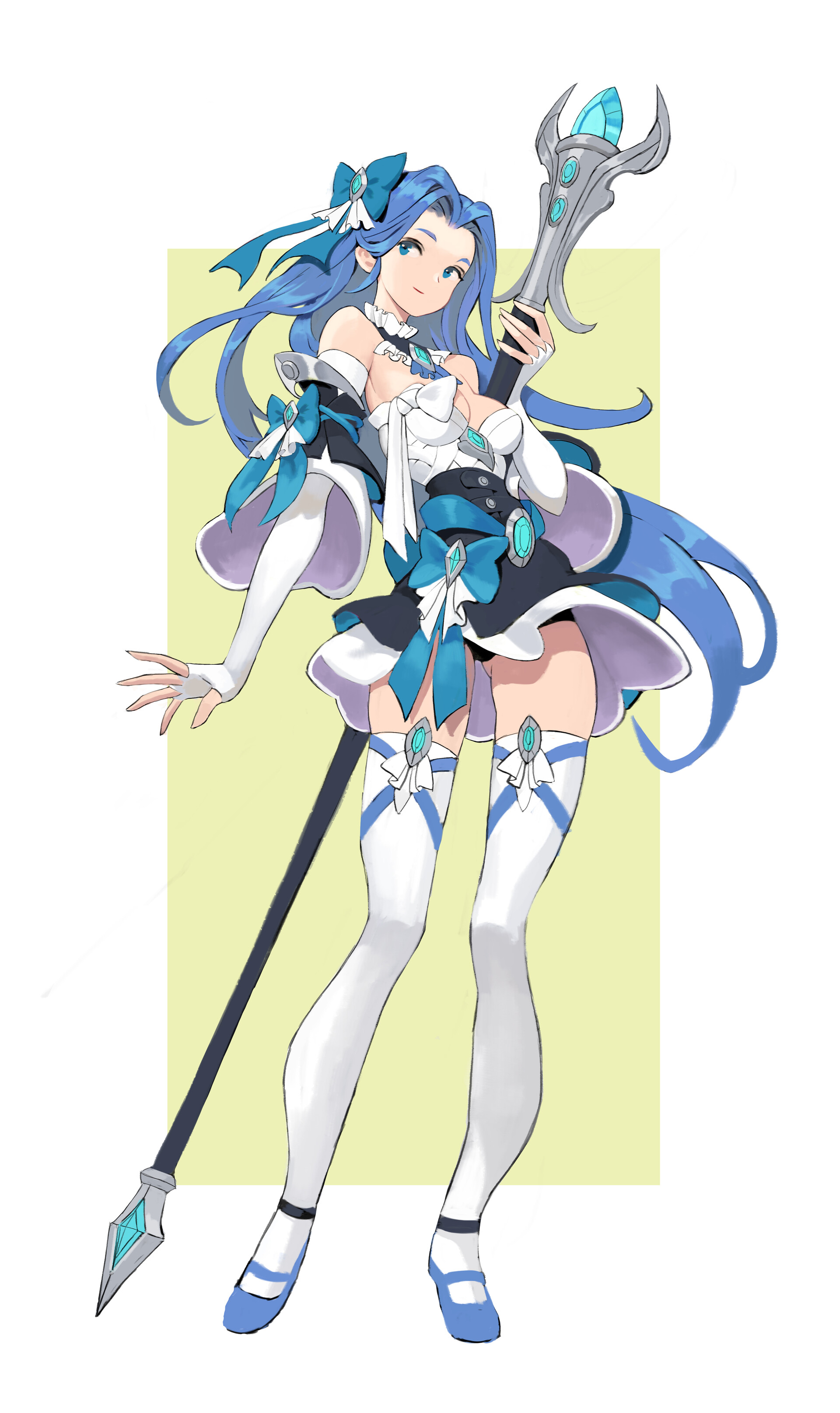 a fullbody anime illustration depicts a young female mage character. she has long, flowing blue hair adorned with bows and ribbons. she's dressed in a short, ornate outfit with white sleeves and stockings, accented with blue details and bows. she holds a tall, ornate staff topped with a blue crystal. her expression is pleasant and she gazes towards the viewer. the background is a simple light yellow color.