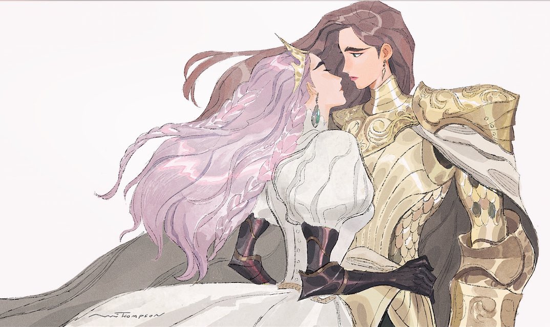the artwork depicts a romantic scene between a princess and a knight. the princess is dressed in a beautiful white gown, with flowing pink hair. she is looking lovingly at the knight, who is wearing golden armor and a cloak. the knight is also looking at the princess with affection, and is holding her hand in his. the background of the artwork is a soft white, and the overall mood is one of love and romance.