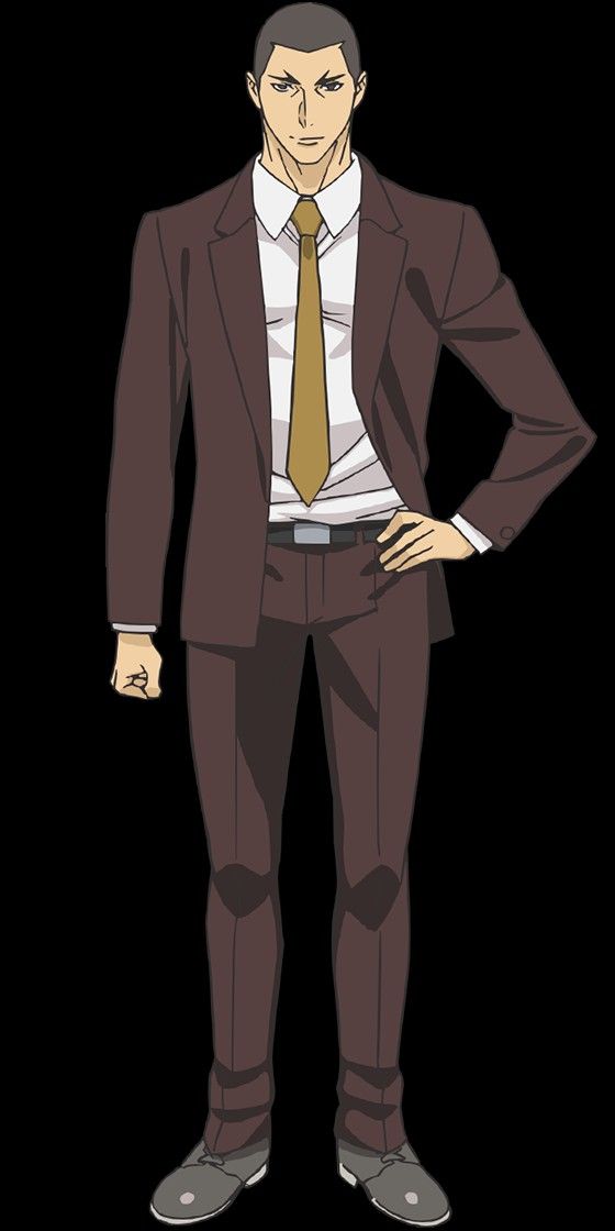 an anime illustration of a man standing with his hands on his hips. the man is wearing a suit and tie, and he has a serious expression on his face.