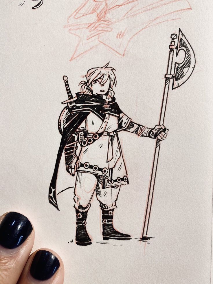 a sketch of a manga/anime style warrior character. the warrior is standing and holding a large axe. they are wearing boots, a tunic, a cape, and have a sword on their back.