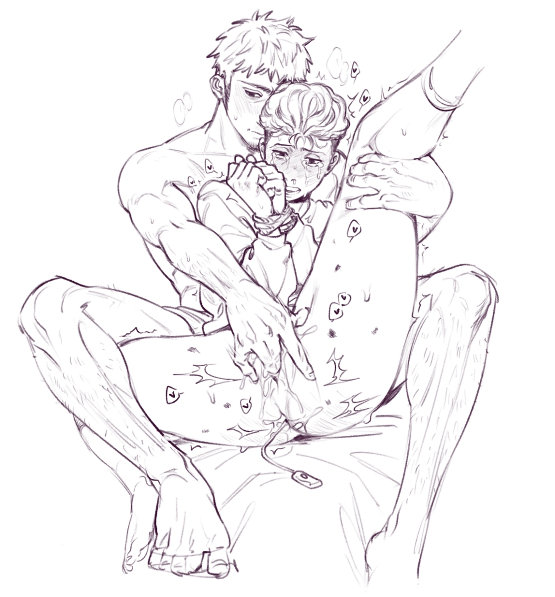 the image is a handdrawn sketch in grayscale, seemingly fan art, depicting two young men in a close and intimate embrace. one man is shirtless and holding the other, who is clothed and appears to be crying. the drawing contains suggestive and explicit elements, clearly depicting a sexual situation. the style is reminiscent of manga or anime art. the lines are loose and expressive, characteristic of a quick sketch rather than a finished piece.  there are small heartshaped symbols scattered around the figures, adding to the romantic yet sexual undertones.