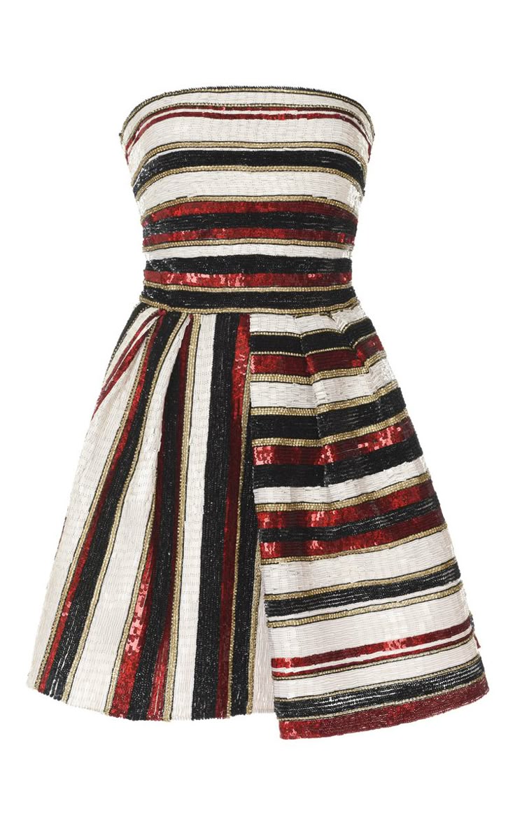 the image shows a strapless, kneelength dress with a striped pattern. the stripes are in white, black, red, and gold. the dress is shown against a white background.