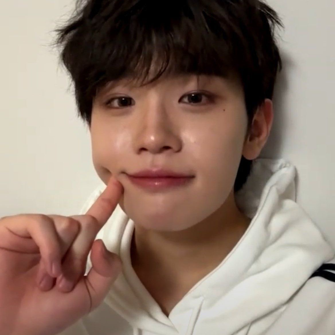a closeup selfie of a young asian man with short dark hair, clear skin, and a white hoodie. he smiles gently at the camera while lightly touching his cheek with his index finger. the soft, natural lighting illuminates his face. the overall feel is warm and inviting.