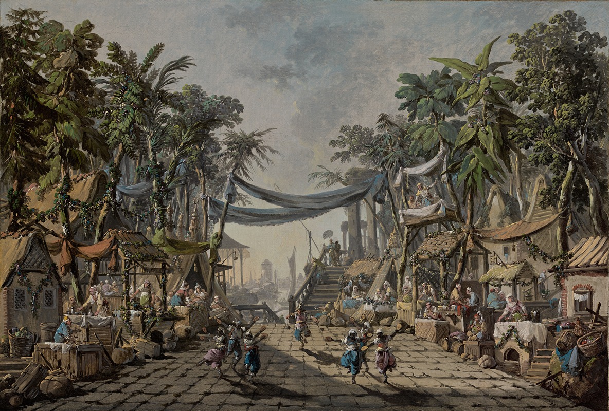 the image is a painting depicting a lively marketplace scene with oriental influences. a crowd of people fills the space, with vendors manning various shops and stalls lining the street. dancers are performing in the foreground, adding to the festive atmosphere. lush trees and palm trees provide a backdrop to the scene, while the architecture and city skyline in the distance give a sense of location. a canopy stretches across the street, providing shade. the overall impression is one of a vibrant and bustling historical scene.