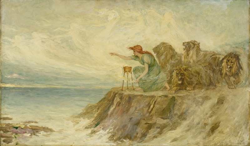 a painting depicts a redhaired woman in a green dress on a cliff overlooking the ocean. she kneels beside a golden chalice on a stand, pointing towards the horizon. behind her are several lions, some lying down and others standing. the sky is filled with light clouds.