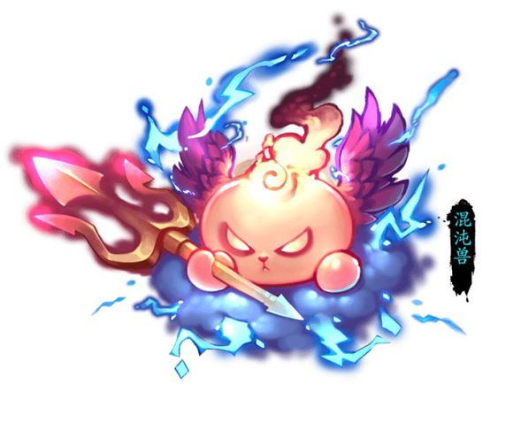the illustration features a cute, cartoonlike creature engulfed in blue and purple lightning. it has small wings, a determined expression, and holds a golden spear. the creature appears to be floating on a cloud, suggesting a celestial or magical setting.