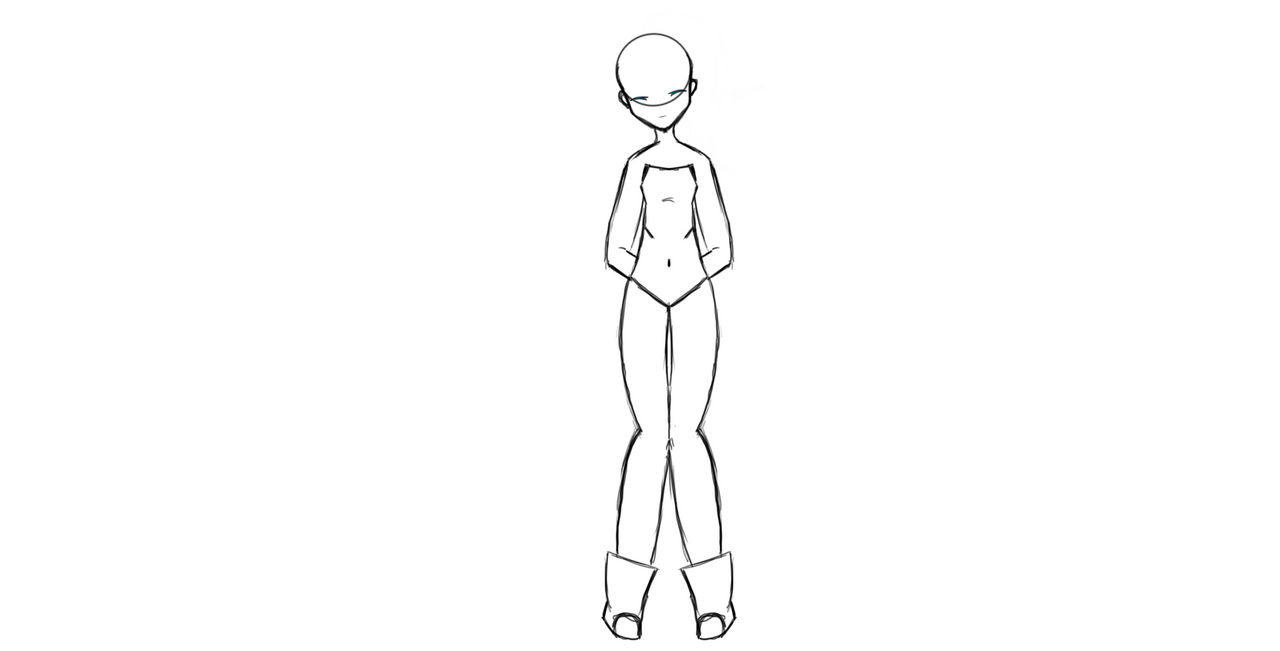 the image is a black and white line art drawing of a female character, possibly a cartoon or anime figure, standing upright with her hands behind her back. the figure is depicted in a frontfacing perspective, showcasing her full body from head to toe. she has a slender build, long legs, and stylized features. the drawing style is simple and clean, focusing on the basic form and pose of the character.