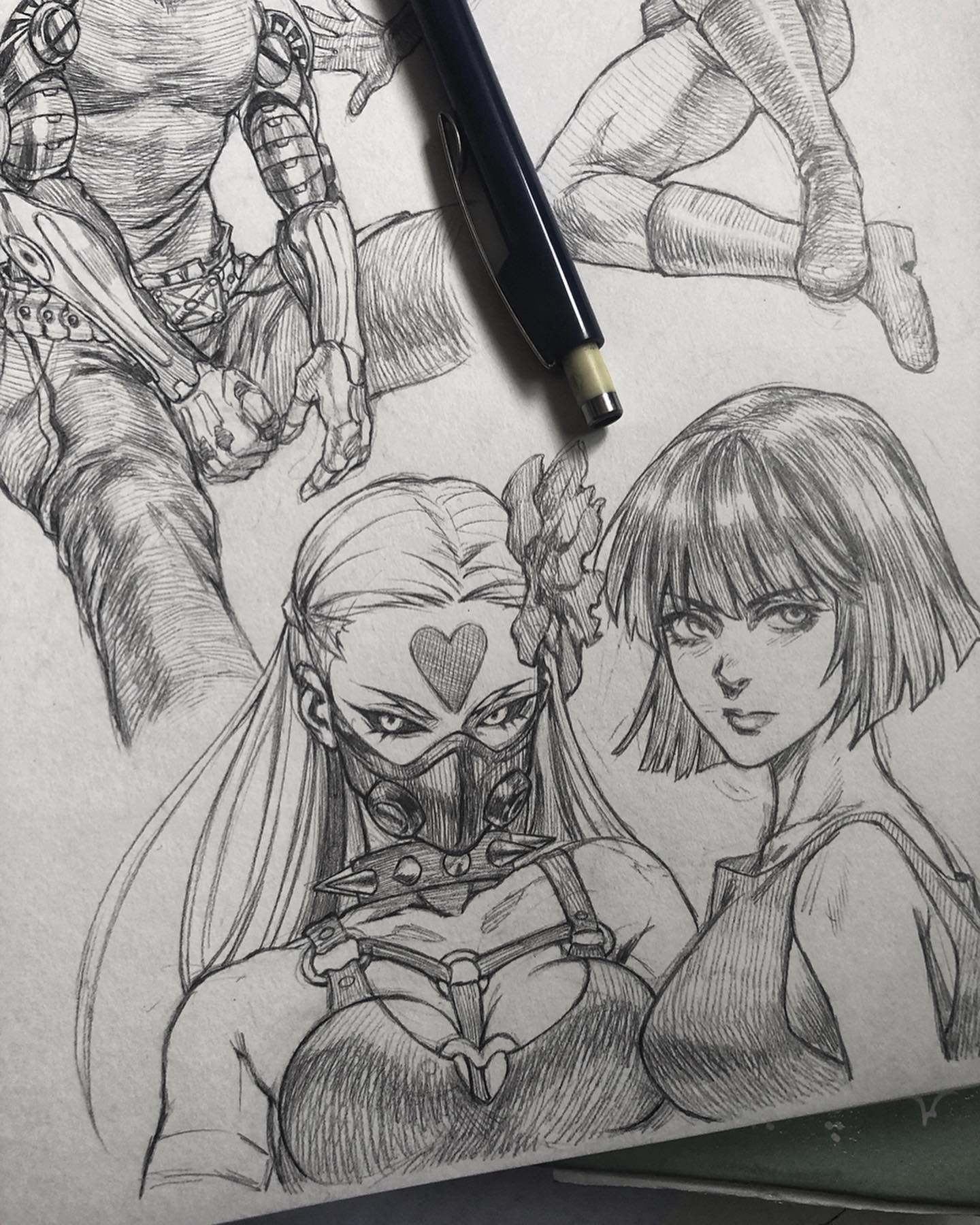 this image is a black and white drawing of three female anime characters in various poses.  the drawing is done in pencil on a sketchbook.  the artist has paid attention to detail in the shading and line work.  the drawing is well composed and the characters are expressive.