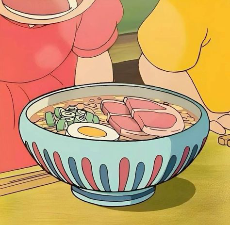 the image is a stylized cartoon illustration, possibly in the style of studio ghibli animation, depicting a bowl of ramen. the ramen appears to have a broth, noodles, slices of pork, a soft boiled egg, and some green onions as toppings. the bowl is light blue with red and dark blue accents.  two individuals, only partially shown, are seated nearby, one in a red dress and another in a yellow shirt. the overall aesthetic is warm, inviting, and aesthetically pleasing. the style suggests a scene from an anime film or series.