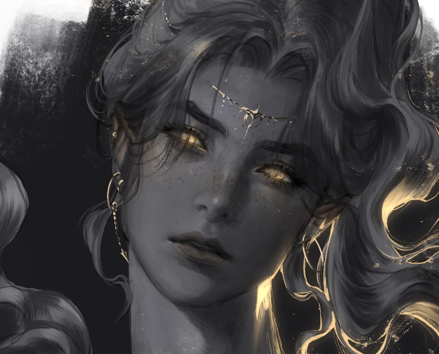 this is a digital illustration of a dark elf.  they are wearing gold jewelry, have long, dark hair, and golden eyes. the background is dark, and the lighting is dramatic. the overall mood of the illustration is mysterious and alluring.