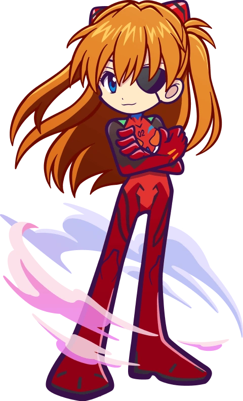 the image is a stylized chibi drawing of asuka langley soryu from the anime neon genesis evangelion. she's depicted in her signature red plugsuit, with her characteristic orange hair, and an eyepatch over her left eye.  her pose is confident and slightly dynamic, with a suggestion of movement around her. the art style is cute and super deformed (chibi), while still maintaining some of her fierceness. the background is black with light purple and pink swirling effects that suggest motion. the number "02" is visible on her suit, indicating her eva unit.