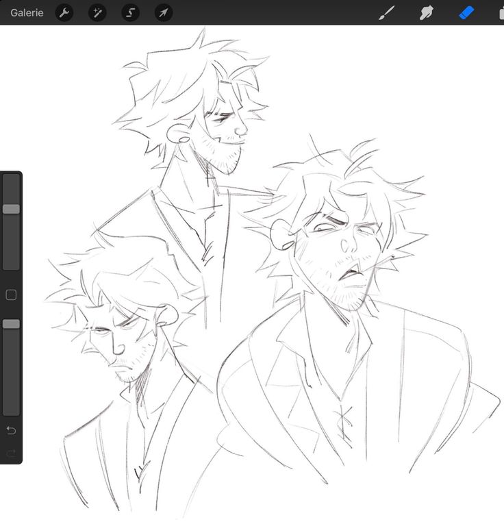 a line drawing on a white background of three male figures. the three figures are drawn in a loose style. they have different hair styles and expressions. the figure on the left has a more serious expression. the figure on the right has a more relaxed expression. the figure in the center looks concerned.