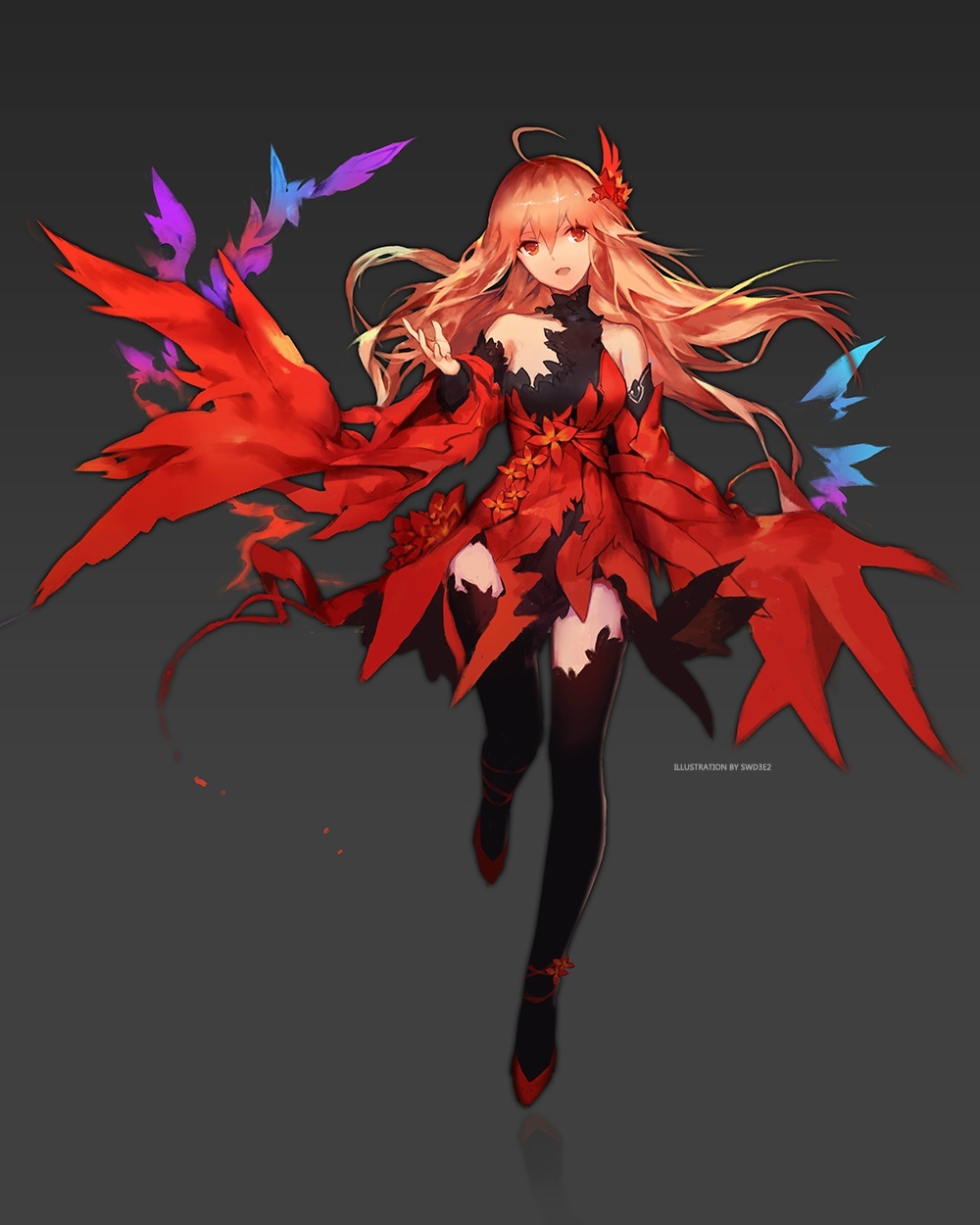 an anime girl with long red hair wearing a red dress and black high heels with wings is floating in the air against a dark gray background. her eyes are closed and her expression is fierce and powerful. she is beautifully drawn with detail in her hair, dress and wings. the art is a digital illustration with vibrant colors.