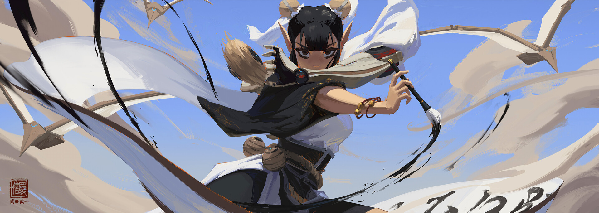 the image is a dynamic piece of digital art depicting an animestyle elf girl in midaction.  she has pointed ears, dark hair styled in a bun, and is wearing a flowing white and black robe adorned with gold accents.  her expression is determined and focused. she holds a large brush, from which black ink trails in sweeping motions that mimic the wind and clouds in the background. the style is painterly and expressive, with visible brushstrokes creating a sense of motion and energy.  the overall atmosphere is fantastical and suggests a powerful female character in the midst of creating something or engaging in a magical act.