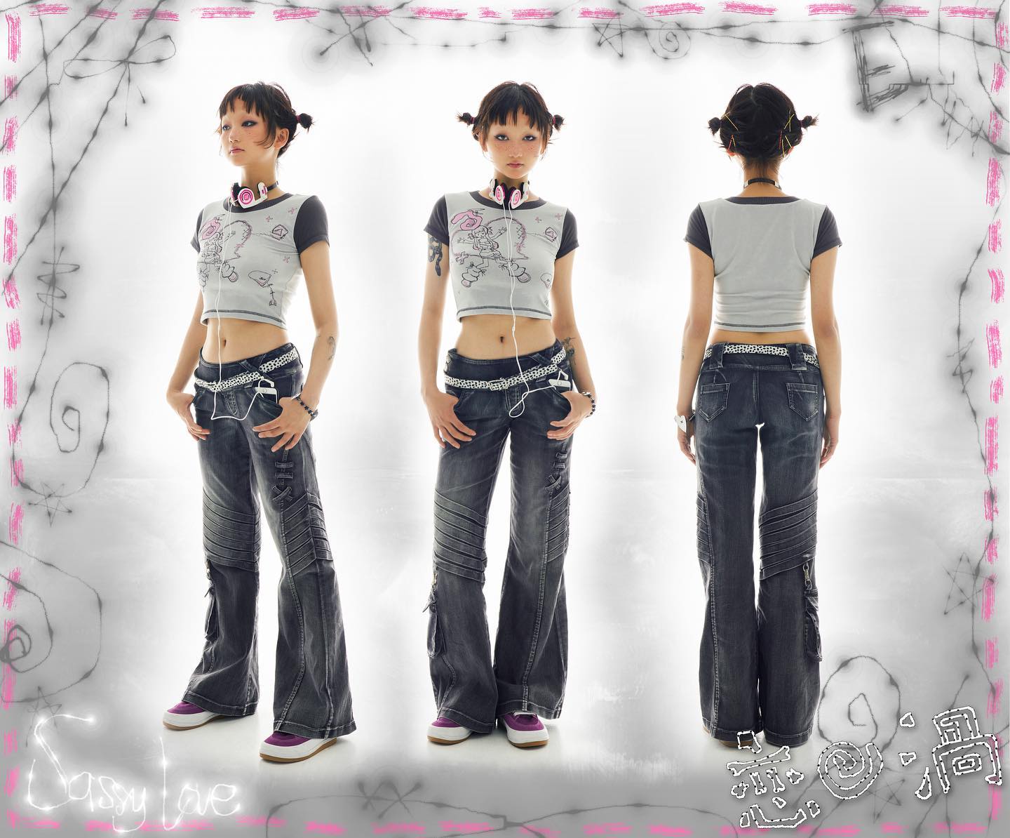 the image showcases a young woman, possibly a fashion model, in three different poses: front, side, and back. she is wearing a grey cropped top with a cartoon graphic, dark wash lowrise flared jeans with intricate detailing, and accessories such as headphones and a studded belt. her hair is styled in pigtails. the background is white with pink and grey scribbled lines, creating a playful and edgy aesthetic.  the overall style is y2kinspired streetwear. the image is professionally shot, likely for a fashion campaign or magazine.