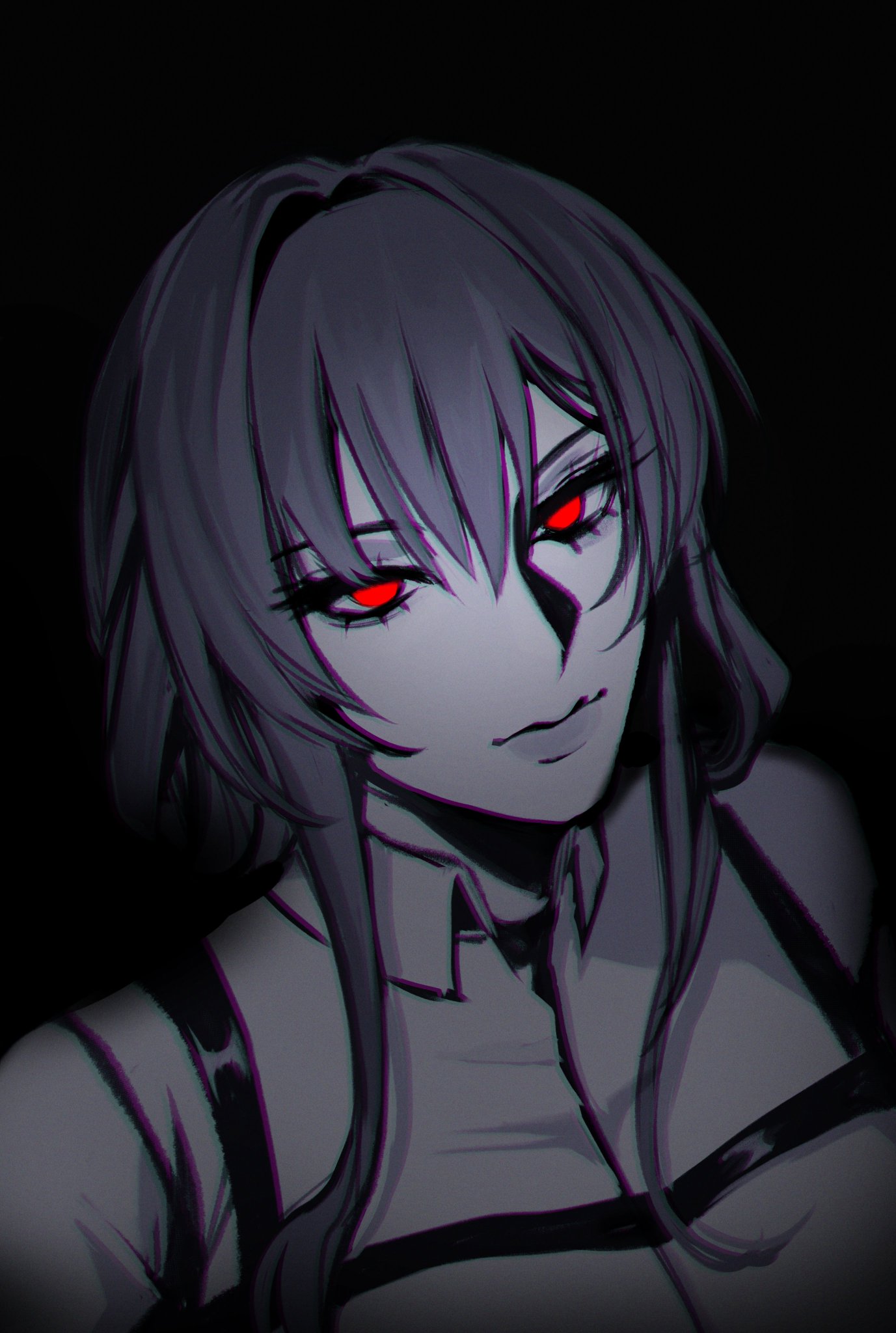 this is a digital art illustration of an anime girl with long dark hair and red eyes. she has a serious expression on her face. the art style is a bit dark and stylized. she is facing the viewer, and the art is in a closeup format, with the background being a dark void.  she is dressed in a white shirt with black straps and black pants.  her eyes stand out as red and bright against the dark background and her face appears to be made up.