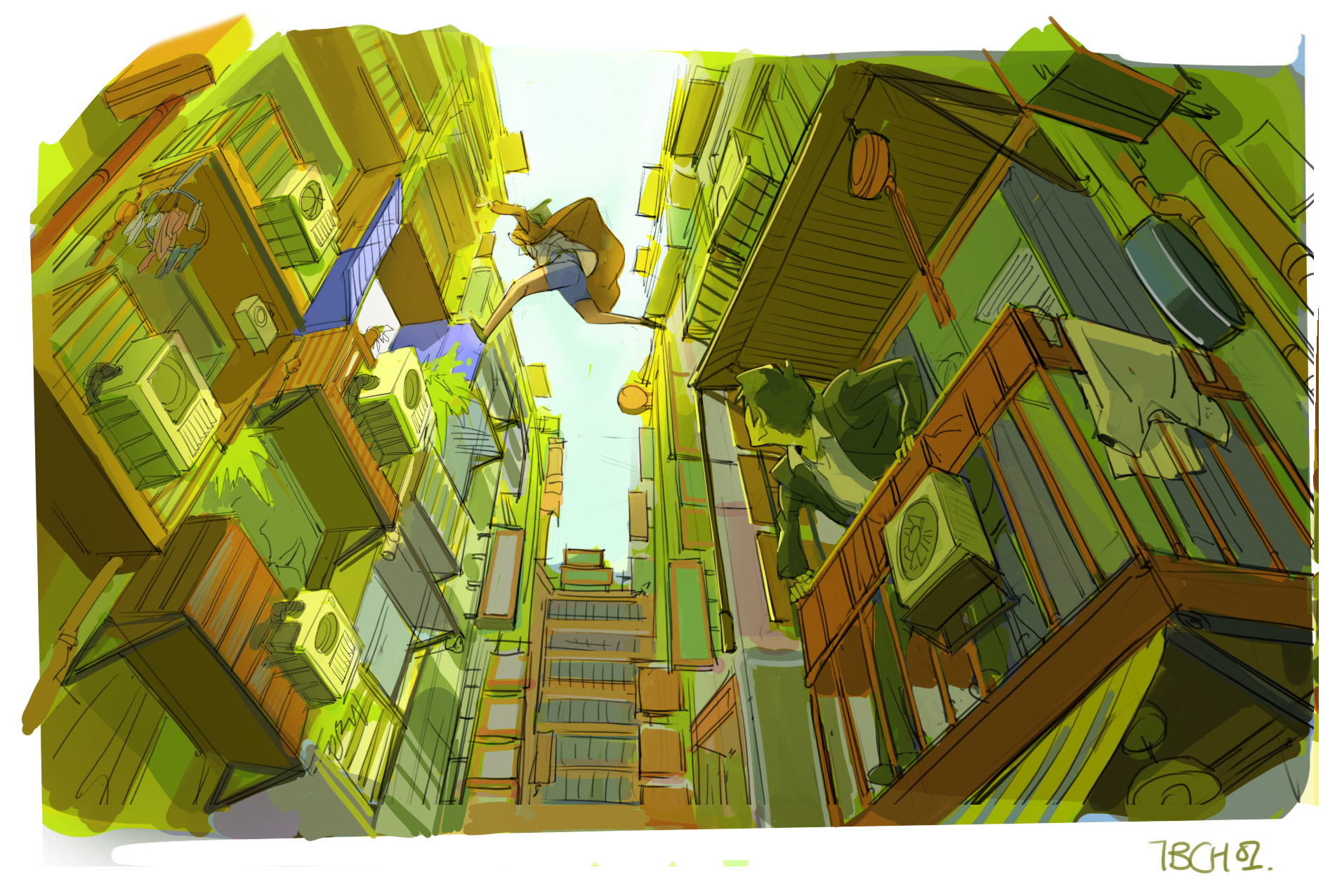 this is a dynamic and vibrant illustration depicting a cityscape seen from a unique lowangle perspective.  two figures are central to the action; one is a woman jumping between buildings, while the other is a man seemingly observing from a balcony.  the buildings themselves are densely packed, showcasing a variety of balconies, rooftops, and even air conditioning units prominently displayed. the style is reminiscent of a comic book, anime, or manga, using bold lines, bright colors (mostly yellows and greens), and a slightly exaggerated perspective. the overall feeling is energetic and playful, with a sense of movement and excitement within the urban setting. the background is less detailed than the foreground, drawing focus to the jumping woman and the man on the balcony.