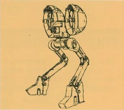 a line drawing of a humanoid robot with large, round heads and jointed limbs. the robot is standing on two legs and has a pair of arms attached to the torso. the body is made up of a series of interconnected pieces that are connected with wheels and gears. the drawing is done in black ink on a yellow piece of paper.