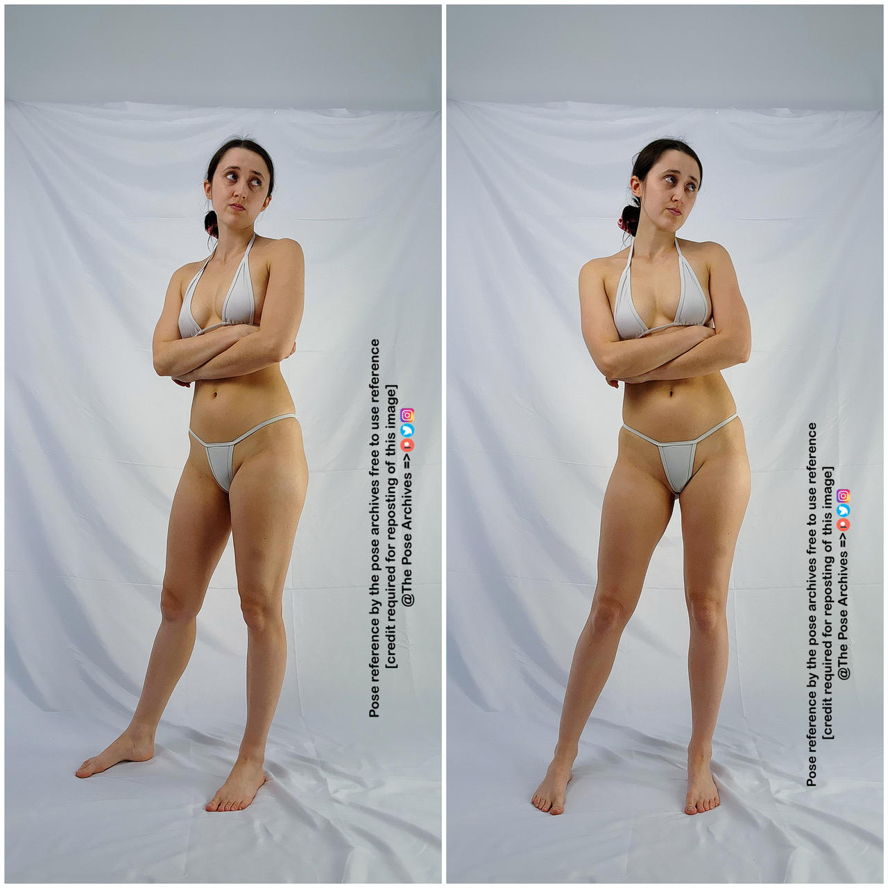 a young woman with her hair pulled back stands against a white background. she is wearing a white bikini and has her arms crossed across her chest. she is looking off to the side with a neutral expression. the image is welllit with soft, natural light, giving it a clean and bright aesthetic. this photo is tagged as a pose reference, suggesting it's intended for artists.