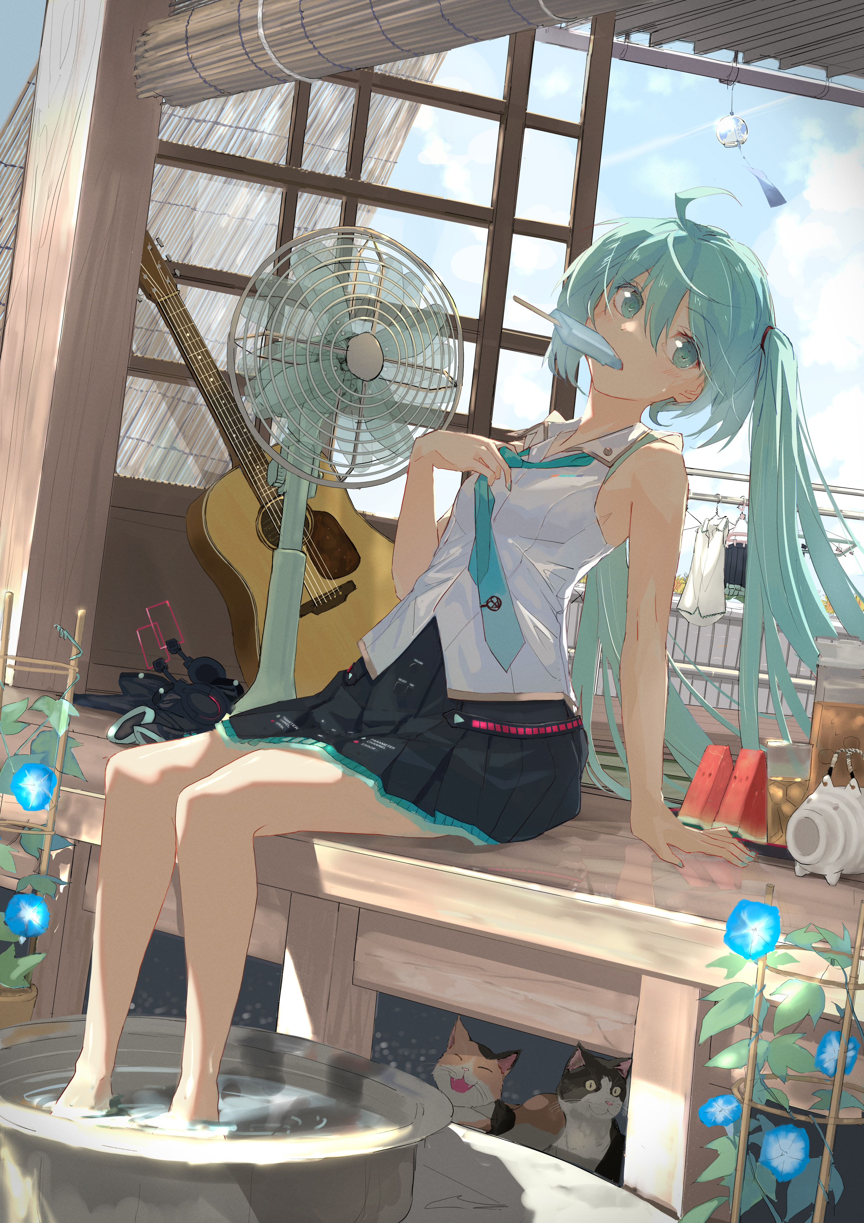the illustration depicts miku hatsune, a popular anime character, enjoying a summer day.  she's seated on a wooden porch, her teal hair cascading down her shoulders. she's holding a popsicle and has her feet in a basin of water, suggesting she's cooling off.  a fan is running nearby, and a guitar leans against the wall.  two cats are nestled under the table, and morning glories grow in a pot nearby, creating a peaceful and serene atmosphere. the setting appears to be japaneseinspired, with traditional wooden architecture. the overall style is light, airy, and suggestive of a hot summer day.