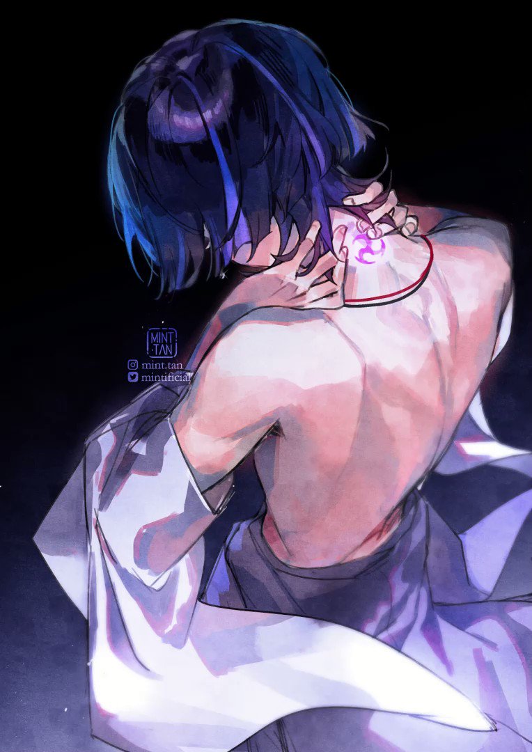 a digital illustration of an anime/manga character, a young man with blue hair and a white shirt. the character is shown from the back, with his head bent down, as if he's sad, or maybe he's in pain. there's a purple design on his back and a white shirt is covering his arms. the background is black.