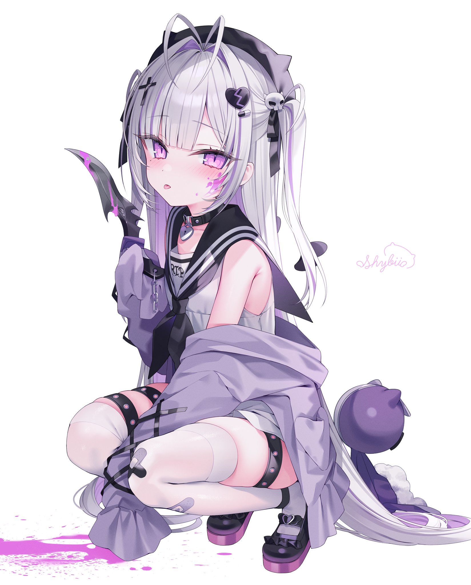 he image is a digital artwork featuring an animestyle girl. she has long, flowing white and purple hair, styled with a sailorstyle outfit and dark accessories. her eyes are purple, and her cheeks are lightly blushed. she is carrying a small, darkcolored knife, and her outfit includes bandages and stockings. she is squatting, looking slightly shy or embarrassed. the artwork has a slightly gothic and dark theme, but also maintains a cute and kawaii aesthetic. the background is plain white.